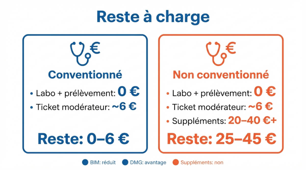 Comparaison du reste à charge pour un frottis/test HPV en Belgique: gynécologue conventionné (0–6 €) versus non conventionné (25–45 €) à cause des suppléments.
