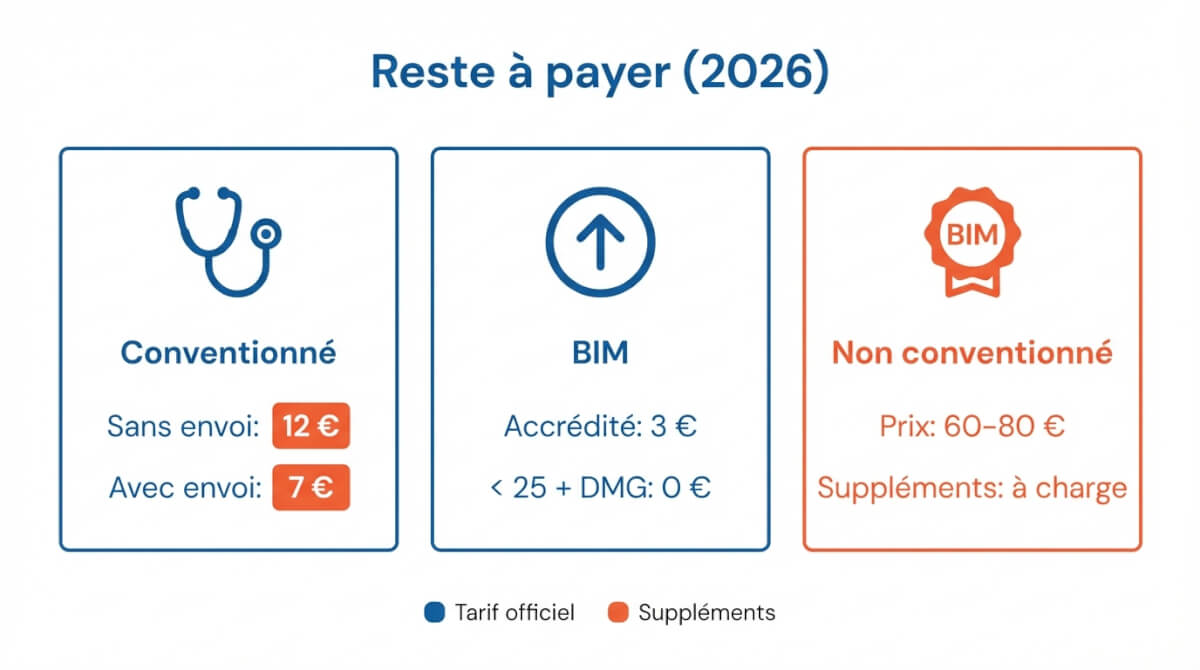 Comparaison du reste à payer en 2026 selon conventionnement, envoi du généraliste, statut BIM et DMG, avec rappel des suppléments chez un non conventionné.