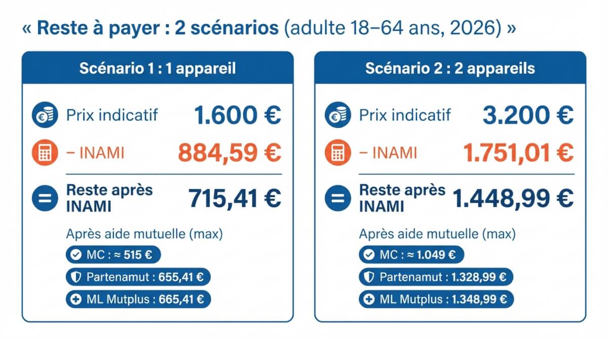 Comparaison du reste à payer pour 1 ou 2 appareils auditifs après remboursement INAMI et aides complémentaires de trois mutuelles, avec montants 2026.