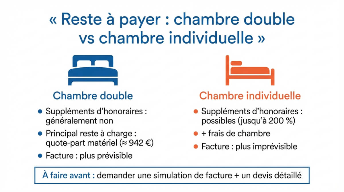 Comparatif du reste à payer pour un anneau gastrique selon chambre double ou chambre individuelle, avec les principaux postes de coûts et le risque de suppléments.