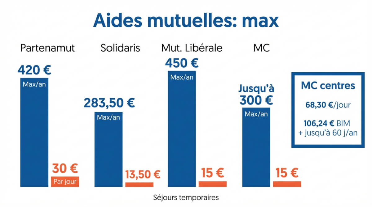 Comparatif visuel des interventions complémentaires des mutuelles pour court séjour et convalescence, avec montants maximums par an et plafonds par jour, et focus sur les centres partenaires de la MC.