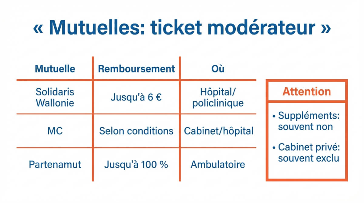 Résumé des remboursements complémentaires du ticket modérateur par Solidaris Wallonie, MC et Partenamut, avec avertissement sur les suppléments et le cabinet privé.
