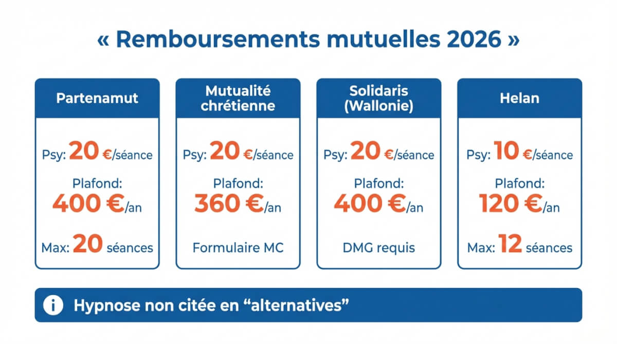 Comparatif des plafonds et montants de remboursement 2026 pour séances psy liées à l'hypnose selon Partenamut, Mutualité chrétienne, Solidaris Wallonie et Helan.