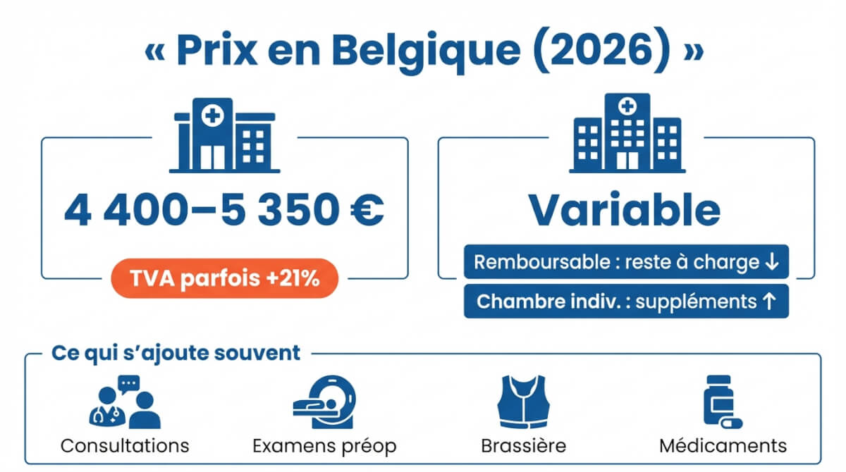 Comparatif visuel des prix 2026 d'une réduction mammaire en Belgique : clinique privée (4 400–5 350 €) vs hôpital (coût variable selon remboursement et chambre), avec les principaux frais qui s'ajoutent souvent.