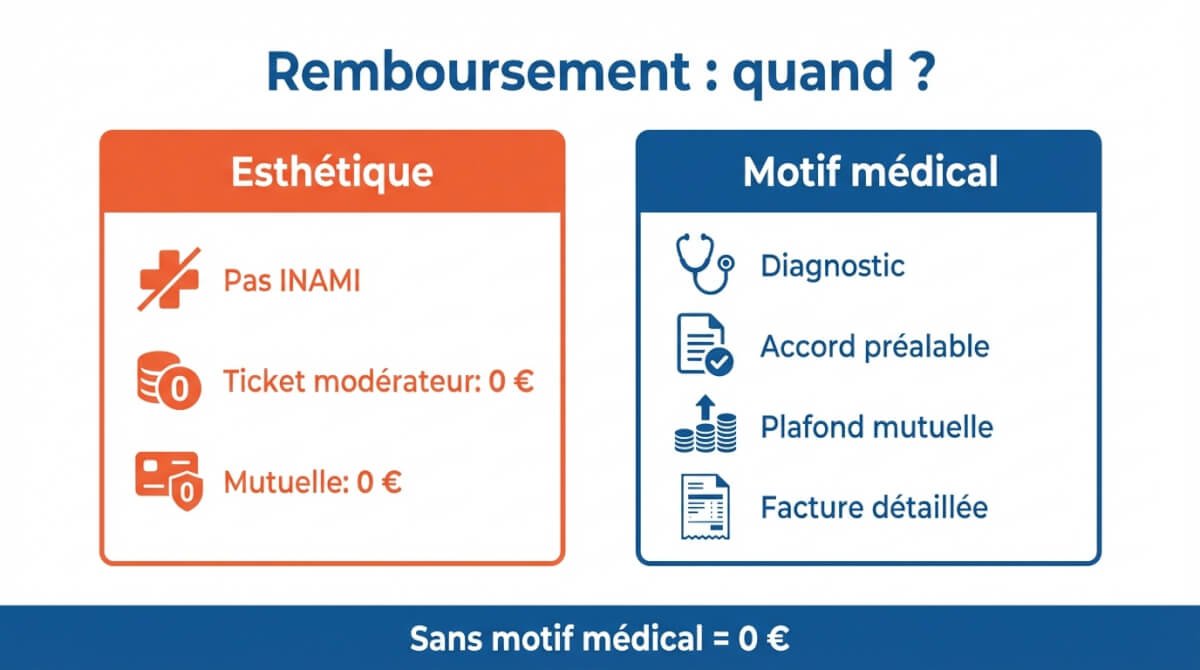 Schéma montrant que l'épilation laser esthétique n'est pas remboursée (ticket modérateur à 0 €) et que l'intervention mutuelle dépend d'un motif médical documenté et de conditions (accord, plafond, facture).