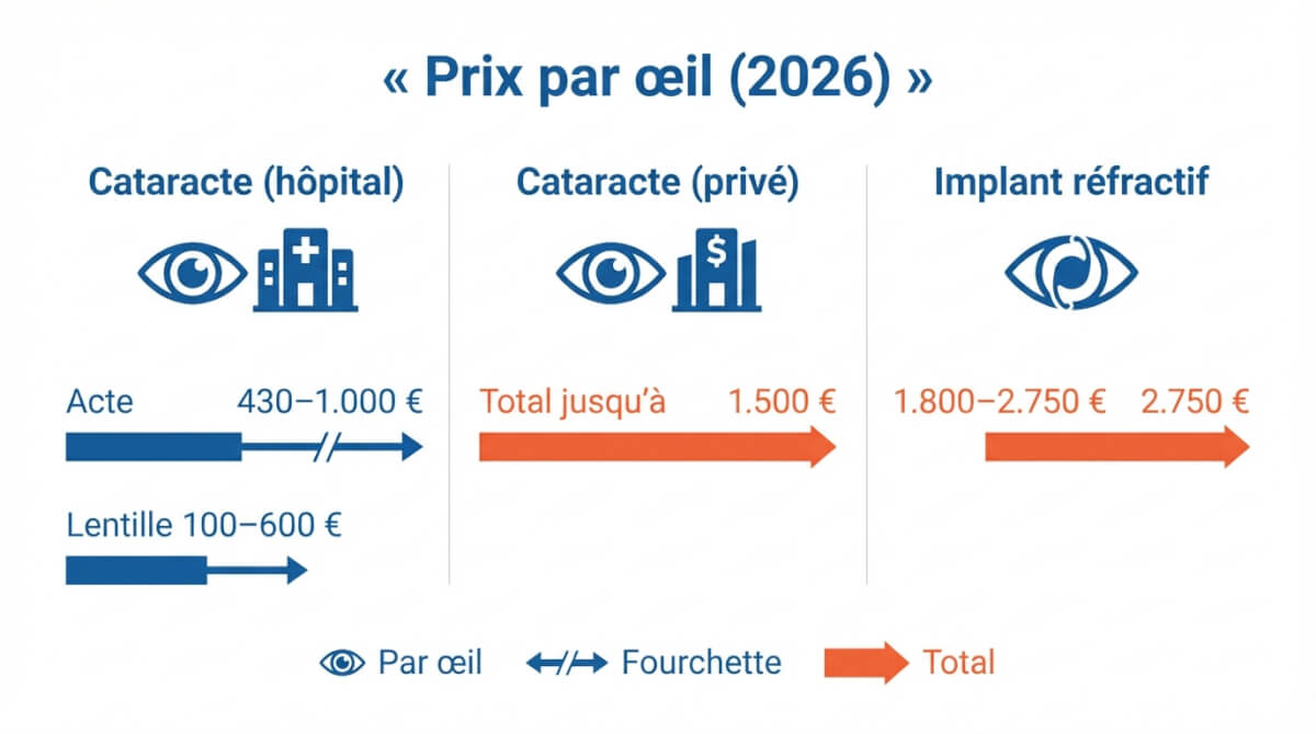 Comparaison des fourchettes de prix 2026 par œil : cataracte en hôpital, cataracte en clinique privée et implant réfractif.