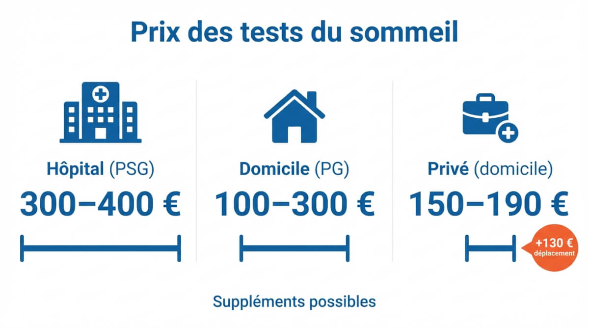 Comparaison des fourchettes de prix en Belgique pour une polysomnographie à l'hôpital, une polygraphie à domicile et un test à domicile via prestataire privé.
