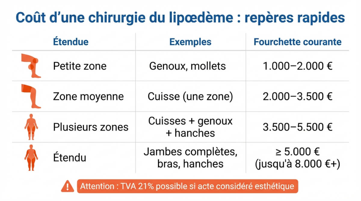 Tableau des fourchettes de prix d'une chirurgie du lipœdème en Belgique selon l'étendue des zones traitées, avec alerte TVA possible.