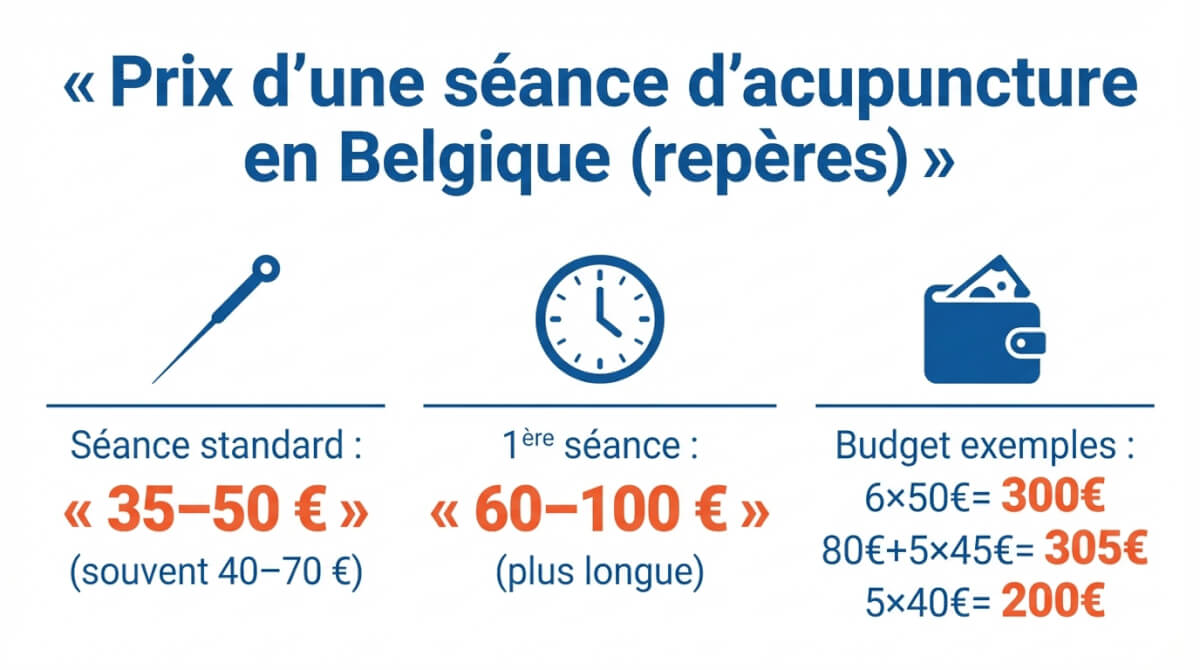 Infographie récapitulative des fourchettes de prix d'une séance d'acupuncture en Belgique et de trois exemples de budget (1ère séance, séance standard, total sur plusieurs séances).