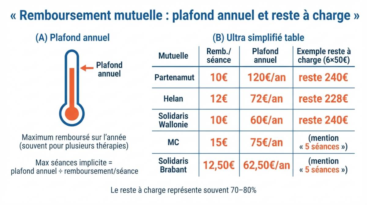 Infographie expliquant le plafond annuel de remboursement des mutuelles et illustrant le reste à charge avec des exemples chiffrés selon plusieurs mutuelles.