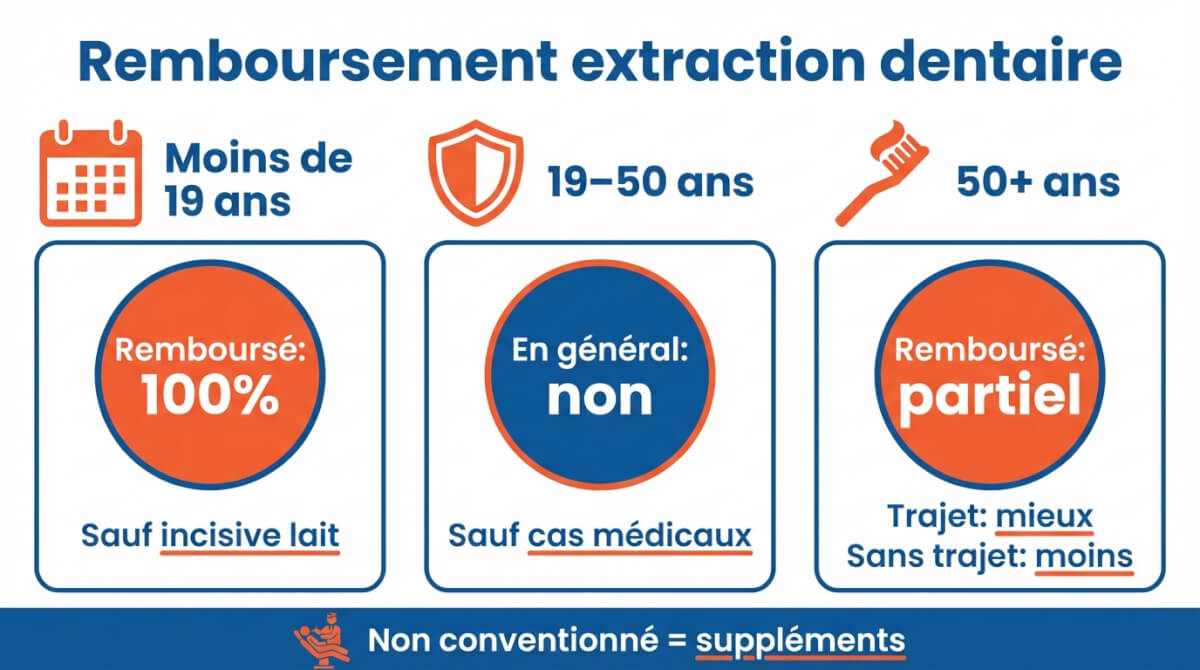 Schéma des règles de remboursement d'une extraction dentaire selon l'âge, avec rappel du trajet de soins et des suppléments chez un dentiste non conventionné.