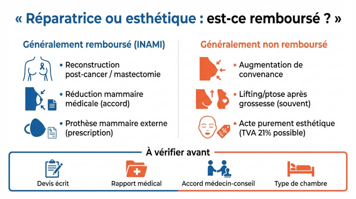 Schéma comparatif indiquant quels actes de chirurgie de la poitrine sont généralement remboursés ou non en Belgique et les vérifications à faire avant l'intervention.