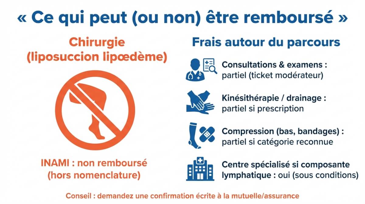 Schéma indiquant que la chirurgie du lipœdème n'est pas remboursée par l'INAMI, mais que certains frais autour du parcours peuvent être partiellement pris en charge sous conditions.