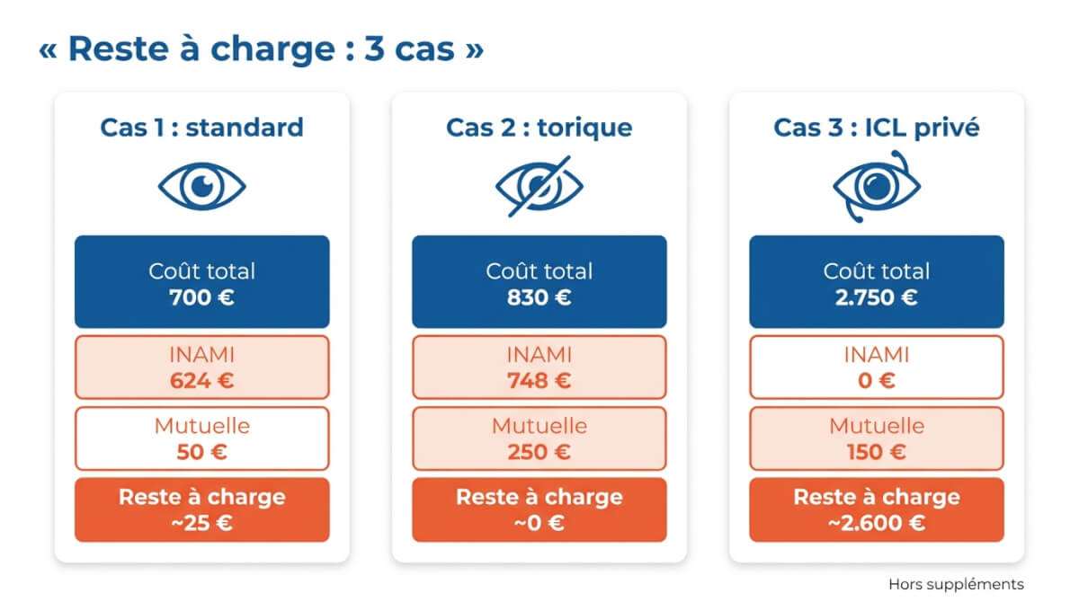Trois exemples chiffrés montrant le coût total, la part INAMI, le forfait mutuelle et le reste à charge estimé par œil.