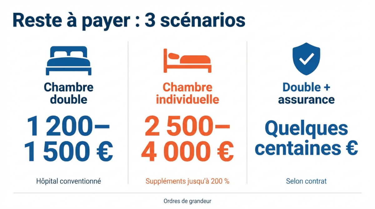 Infographie comparant le reste à payer pour une sleeve selon chambre double, chambre individuelle et présence d'une assurance hospitalisation.