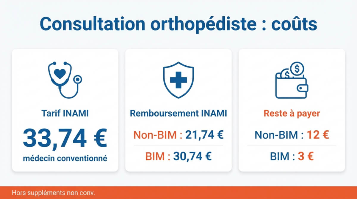 Résumé des coûts d'une consultation d'orthopédiste conventionné : tarif INAMI 33,74 €, remboursement INAMI et reste à payer pour Non-BIM et BIM.