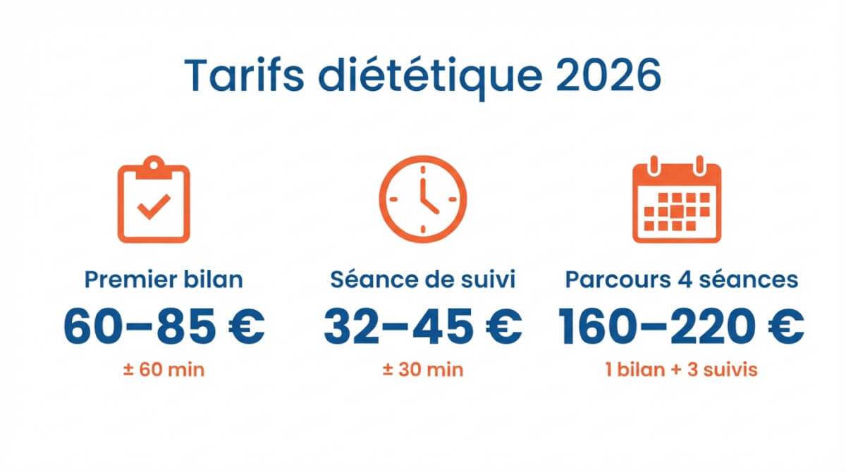 Infographie résumant les tarifs 2026 en Belgique : premier bilan 60–85 €, séance de suivi 32–45 €, parcours 1 bilan + 3 suivis 160–220 €.